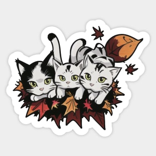 Autumn Whisker Wonderland, Three Cute Cats in Fall Leaves Sticker